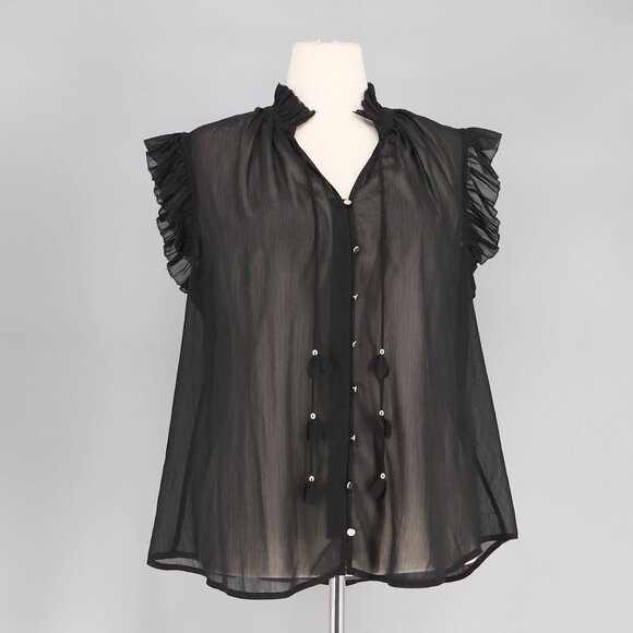 NWT CHICO'S Ruffle Collar Sheer Crinkle Chiffon Blouse Top Tie Front Size 2/12 - Picture 1 of 9
